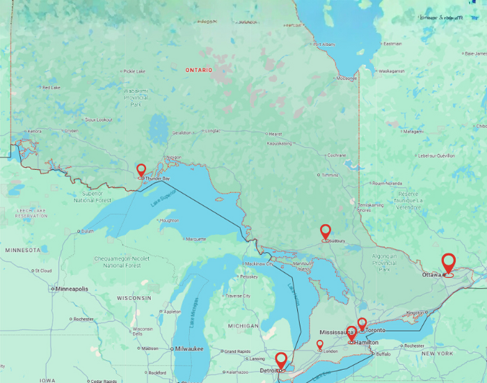 Map of Ontario showing major cities including Toronto, Ottawa, Sudbury, and Thunder Bay