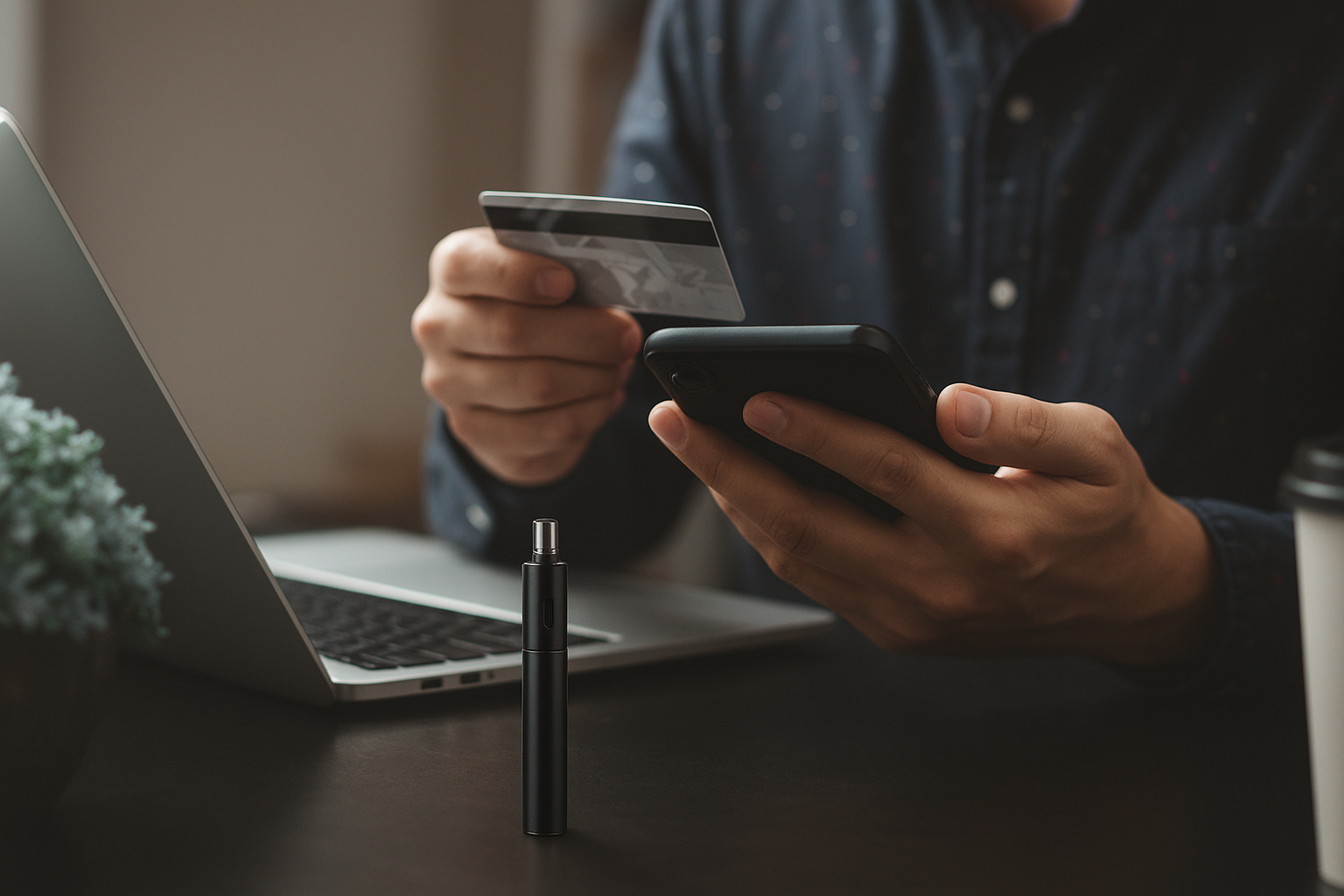 Man shopping online with credit card and smartphone beside laptop and black vape pen on desk.