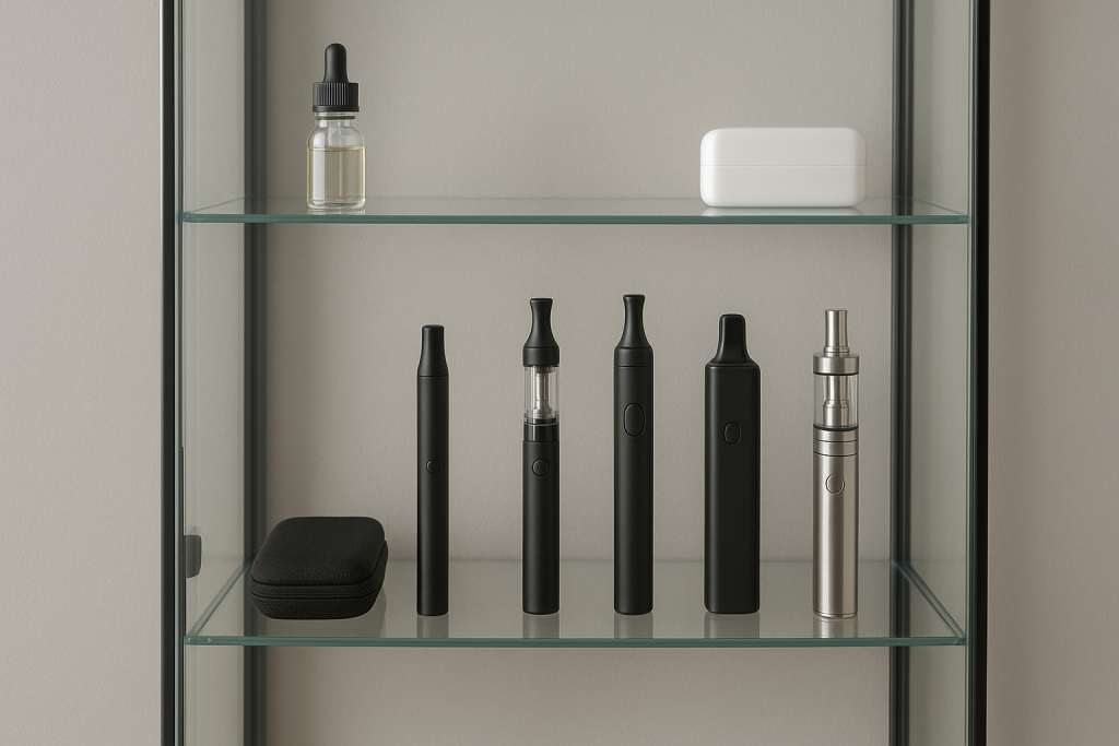 Assorted black and silver vape pens with e-liquid bottle displayed on glass shelf for vaping